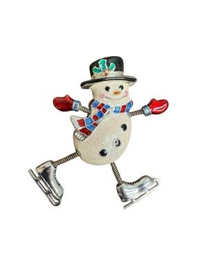Vintage Trembler Snowman Brooch with Red Mittens and Blue-Red Scarf